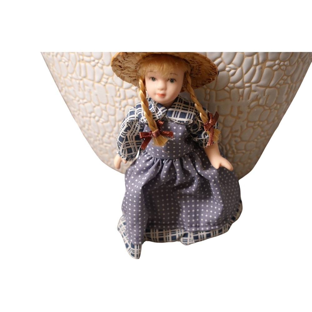 Vintage Porcelain Doll with Braids & Straw Hat | Country Girl Figurine | Cottage